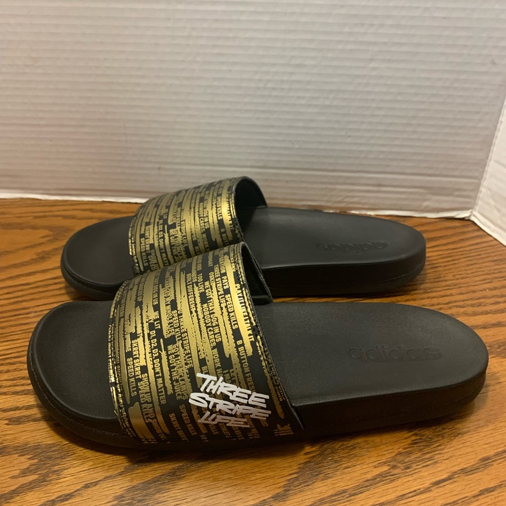 Adidas Black Slides with Gold Text size 8 Men’s comfortable